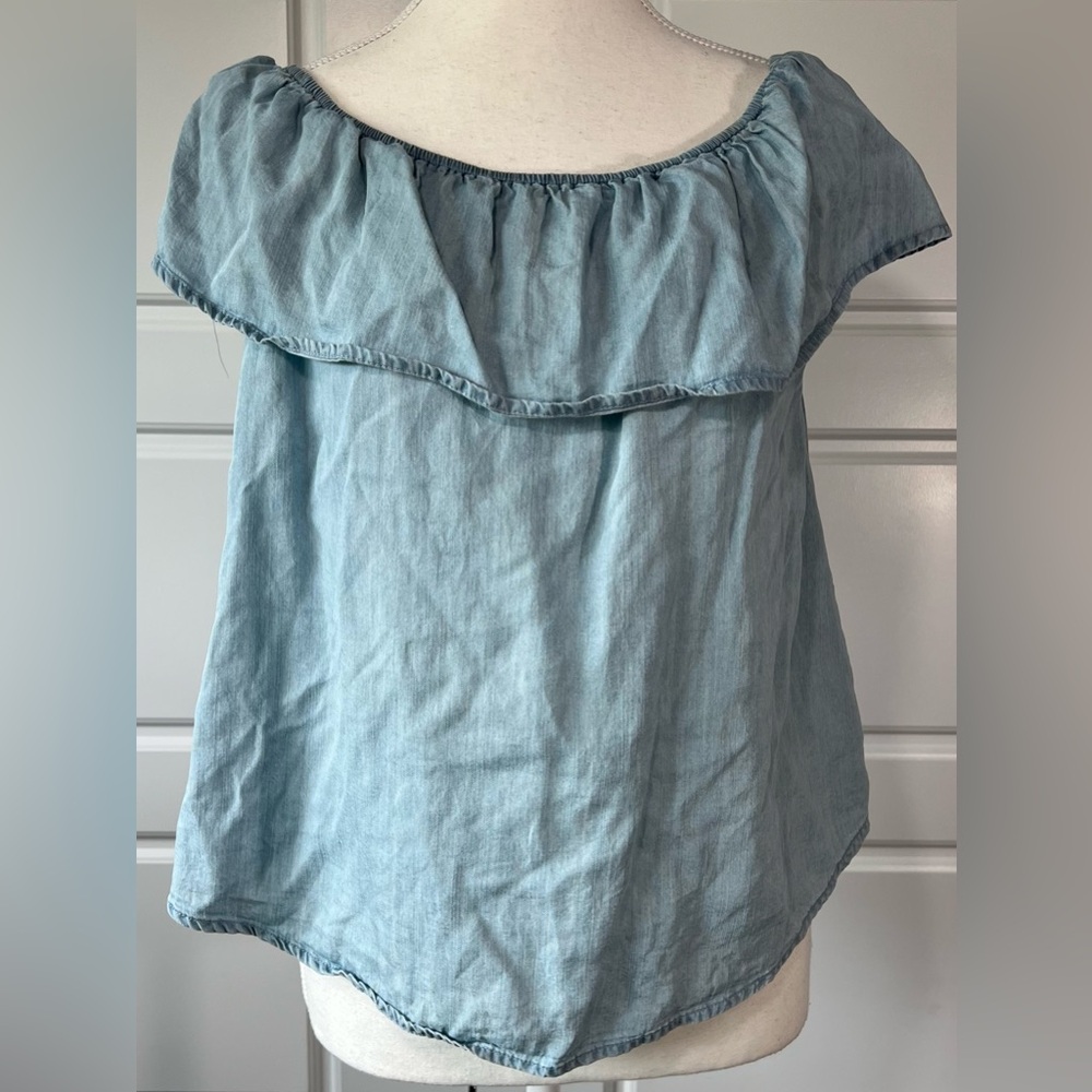 Paper Crane Chambray Off Shoulder Ruffle Top Blue Blouse Casual Shirt